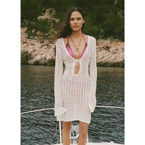 MANGO Mini Crochet Dress With Bow - 8 White - Picture 1 of 6